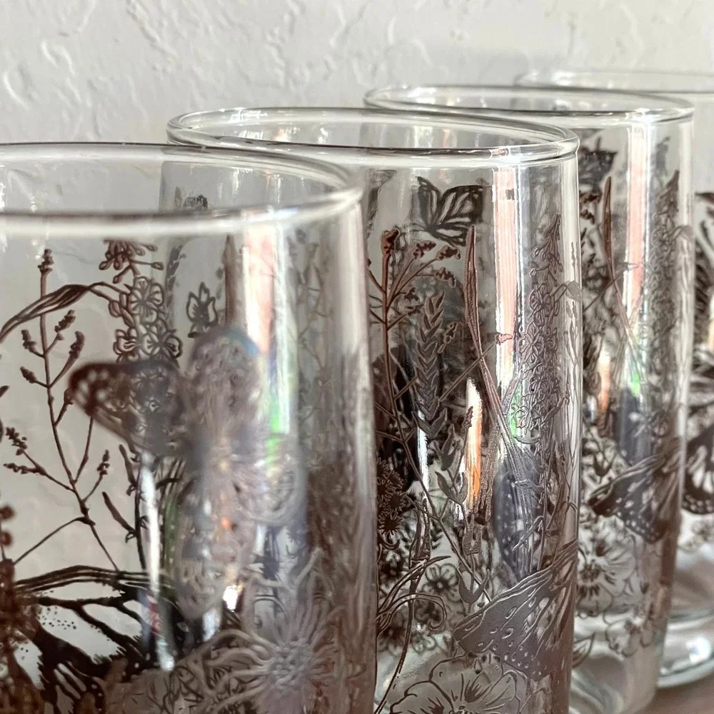 Vintage Butterfly Glassware Set (4) 70s 60s Brown Glasses Floral‎
